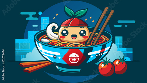 a kawai bowl of  ramen wit face and a chille, made with glass and it seas "emilio" in japanis