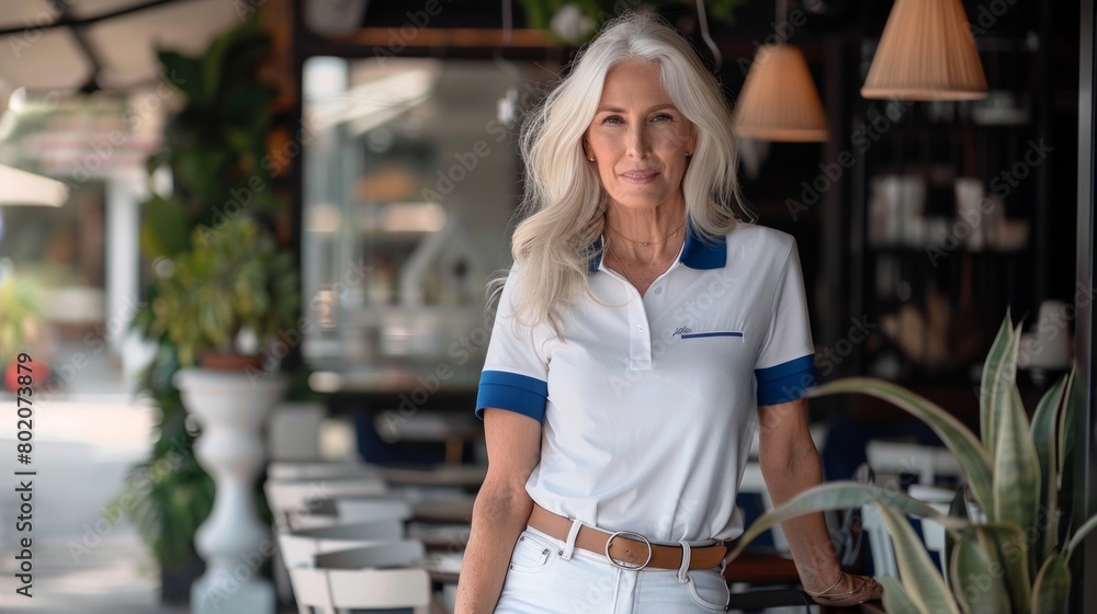 Senior brunette woman sits at beach cafe table. Rest at the resort, travel in retirement. Mature woman in white polo looking at camera.