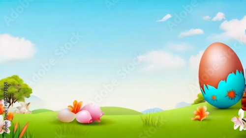 Bright Easter eggs and spring flowers on green grass outdoors    