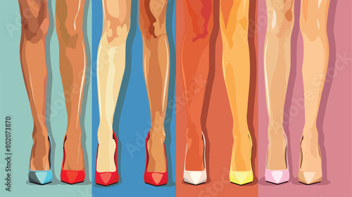 Legs of young woman in different heels on color backgroun photo