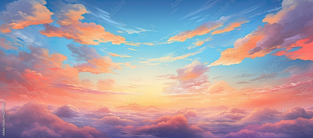Obraz premium A painting of a sunset with clouds and a blue sky