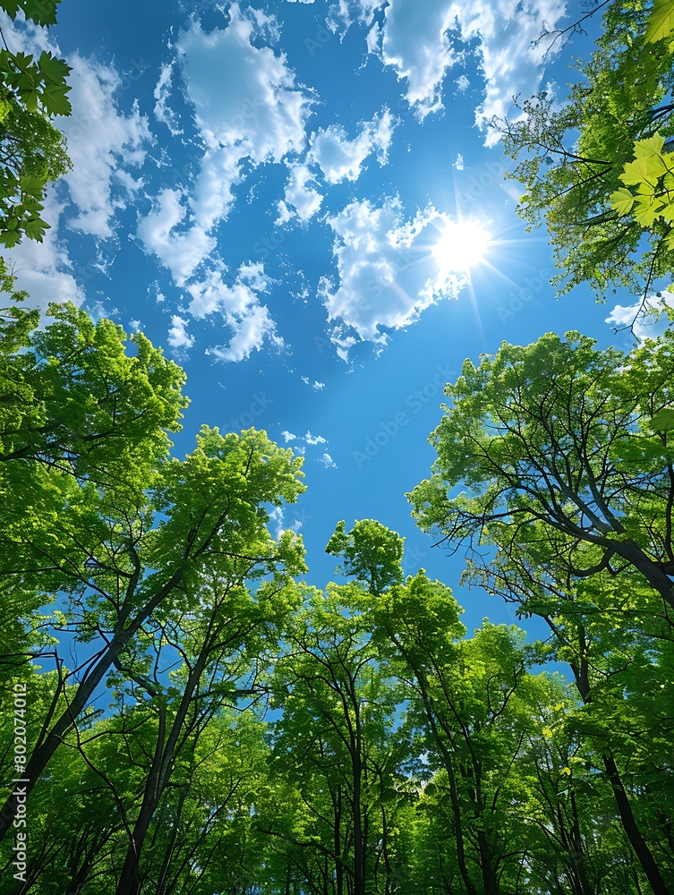 Obraz premium A serene landscape with green trees stretching toward the open sky and scattered white clouds