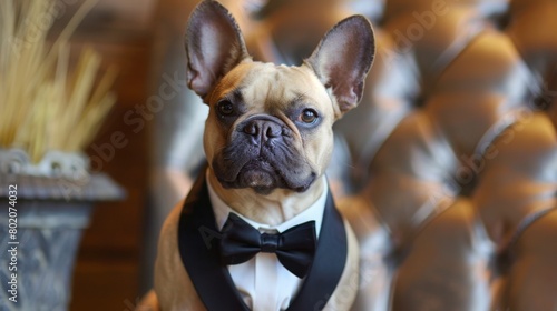 Wallpaper Mural Elegantly dressed French Bulldog wearing a classic black bow tie, looking directly at the camera with a dignified expression. Torontodigital.ca