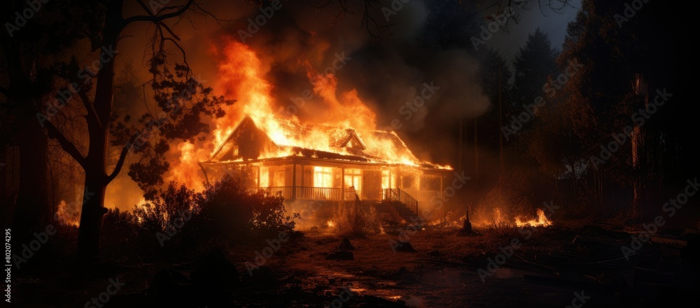 House engulfed in flames with thick smoke House engulfed in flames with thick smoke