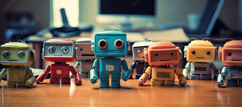 Little robot figurines on wooden table Little robot figurines on wooden table