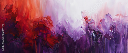 Cascades of fiery red and deep lavender cascading down a pristine white canvas, their vivid hues blending and merging to form an abstract symphony of color and movement. photo