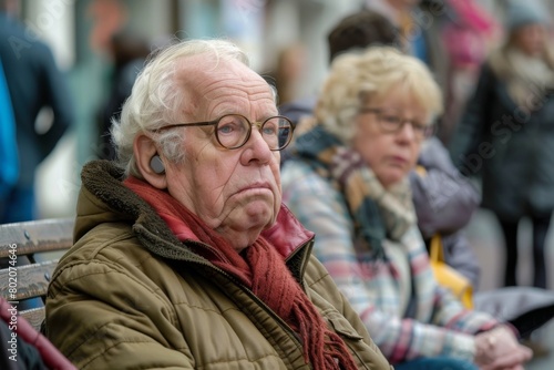 Unidentified senior man with eyeglasses sitting on a bench in Zurich, Switzerland.