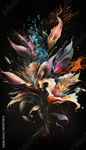 Abstract lily or alstromeria flowers bouquet on a black background. Bright color burst. Mobile splash screen template. Floral artistic illustration. photo