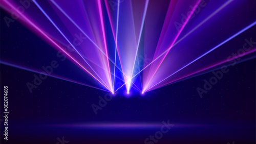 Laser light show. Bright led laser beams, dj light party. Illuminated blue pink stage, led strobe lights. Background, backdrop for displaying products. Vector illustration