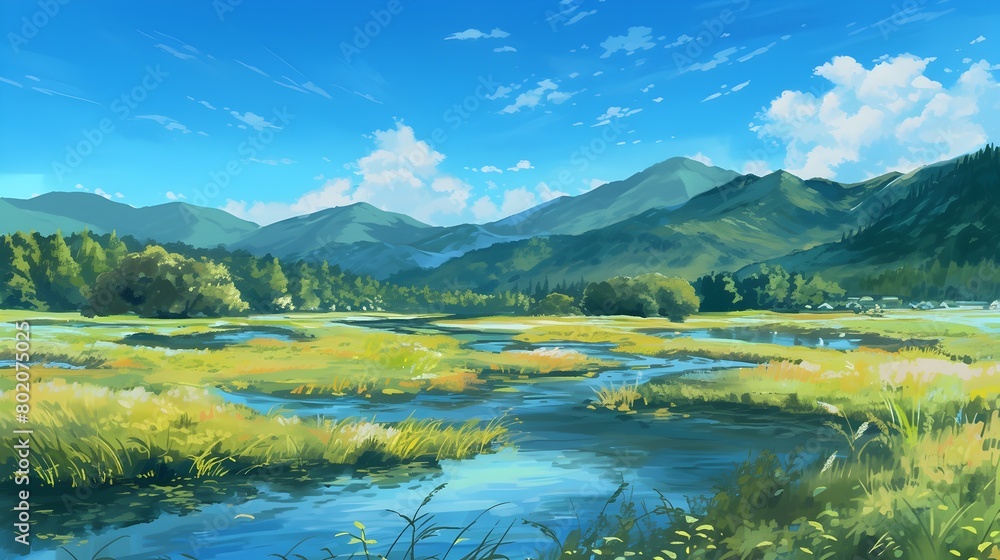 Fototapeta premium Majestic Snowy Mountains and Serene Countryside Landscape under Bright Blue Sky