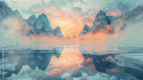 Surreal landscape with melting mountains and flowing rivers symbolizes everchanging psychedelic experience. Concept Psychedelic Landscapes, Melting Mountains, Flowing Rivers, Surreal Imagery