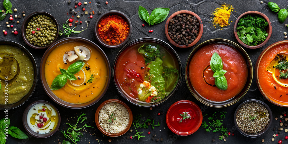 Panoramic banner of vegan soup. Variety of vegetable soups, shot from above, flat lay, foot illustration, restaurant menu, unusual picture. Panoramic banner of vegan soup. Variety of vegetable soups, shot from above, flat lay, foot illustration, restaurant menu, unusual picture.