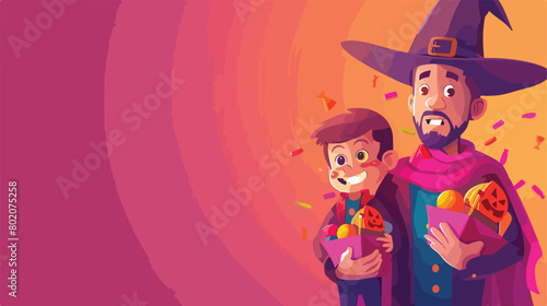 Little boy with candies and his father dressed for