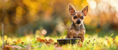 Toy terrier puppy stands with bowl on the green grass. Empty space for text photo