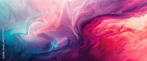 Swirls of magenta and turquoise melding and converging on a blank backdrop, creating a captivating abstract composition that draws the viewer into its vibrant depths. photo