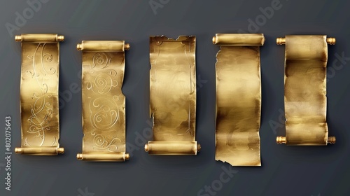 A set of gold scroll paper, isolated on a transparent background. An antique book rolled on rods, adapted from a royal parchment template, a game design element with metallic textures. photo