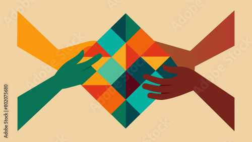 Two hands holding a quilt square together reflecting the collaborative effort and support within the Juneteenth community.. Vector illustration