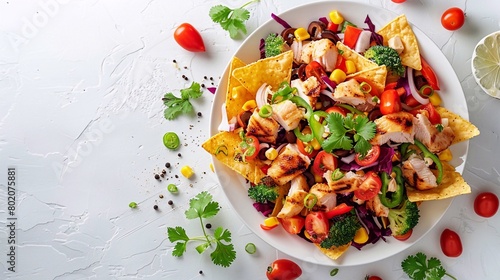 Typical Homemade Juicy Mexican nachos with fresh vegetables and chicken with strong light on clean background. Healthy food