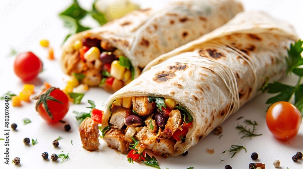 Typical Homemade Juicy Mexican burrito with fresh vegetables and chicken with strong light on clean background. Healthy food Typical Homemade Juicy Mexican burrito with fresh vegetables and chicken with strong light on clean background. Healthy food