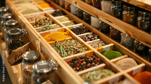 Variety of spices and herbs on the shelves in a spice shop photo