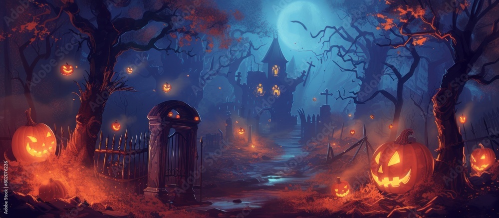 Halloween night background with pumpkins, spooky trees and haunted house. Halloween concept illustration