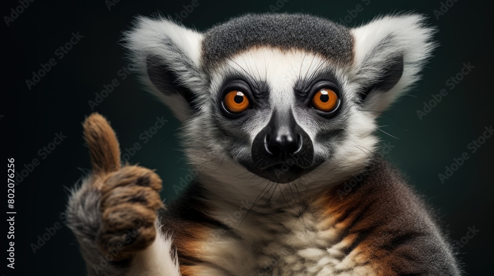 Fototapeta premium Portrait of friendly lemur making thumbs up.