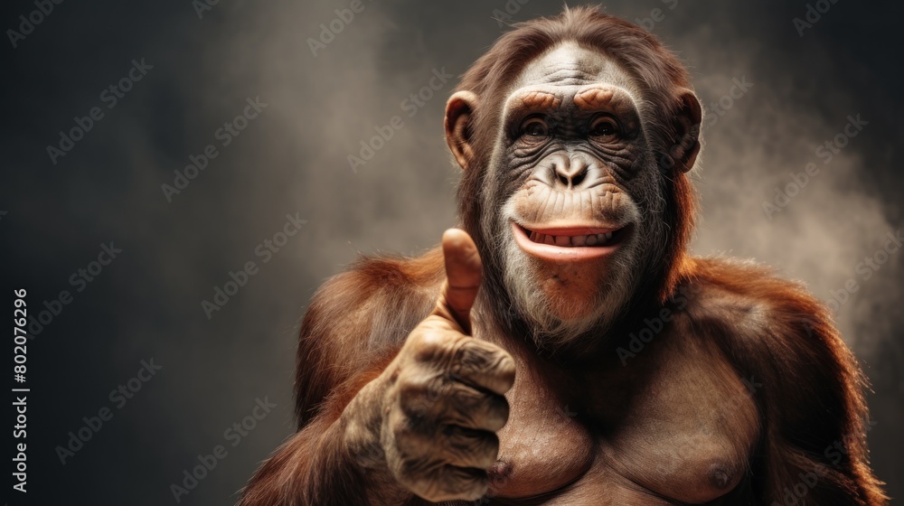 Portrait of friendly monkey making thumbs up.