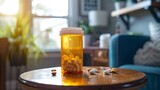 Highquality image of prescription opioids bottle on table symbolizing addiction crisis. Concept Addiction Crisis, Prescription Opioids, Substance Abuse, Drug Addiction Awareness