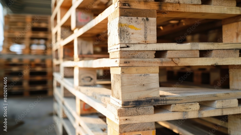 Stacked wooden pallets ready for use in the warehouse or factory