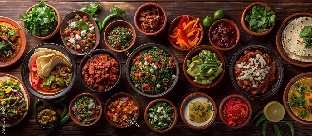 Mexican food many dishes of mexican cuisine on dark wooden table Mexican food many dishes of mexican cuisine on dark wooden table