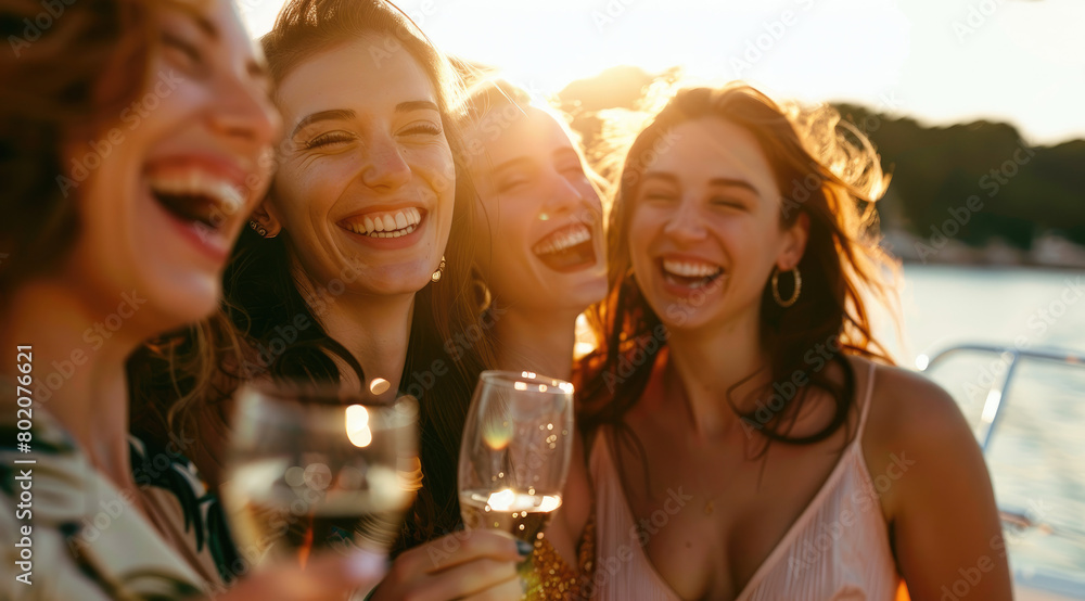 beautiful women on a yacht, smiling and laughing while holding champagne glasses. Sun rays are shining through with a bokeh background of the sea