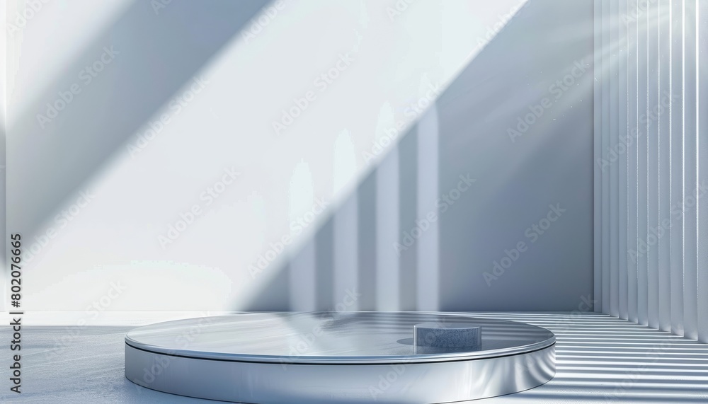 A sleek silver metal podium on a 3D stage, creating a modern and isolated display environment, perfect for showcasing high-end products A sleek silver metal podium on a 3D stage, creating a modern and isolated display environment, perfect for showcasing high-end products