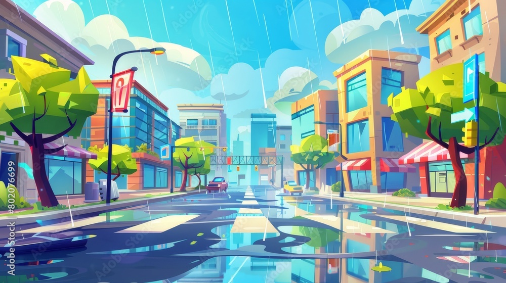 A rainy day in a modern city downtown. Modern cartoon illustration showing shop, museum and apartment buildings, business center, traffic signs at crossroads, trees and puddles on the street.