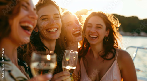 beautiful women on a yacht, smiling and laughing while holding champagne glasses. Sun rays are shining through with a bokeh background of the sea © Kien