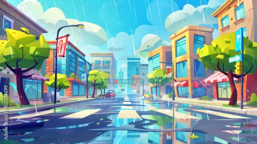 A rainy day in a modern city downtown. Modern cartoon illustration showing shop, museum and apartment buildings, business center, traffic signs at crossroads, trees and puddles on the street. © Mark