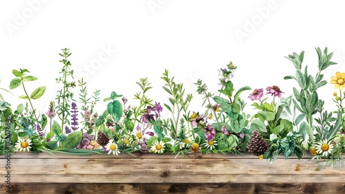 Vibrant botanical herbs painting on wooden table against white background. Concept Botanical Painting, Herbs Art, Wooden Table, White Background, Vibrant Colors