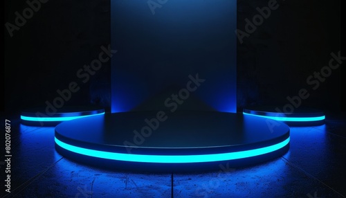 A dark 3D podium illuminated by blue neon lights, creating a mysterious and atmospheric setting suitable for showcasing products in a gaming or show environment photo