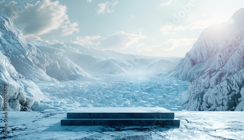 A cold, wintry podium scene set in an icy landscape with snow-covered mountains and frozen water, creating a chilling and minimalistic display environment