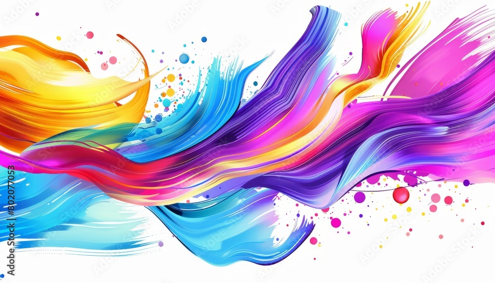 An abstract design of colorful brush strokes, ribbons, and swirls creating a dynamic background with waves and splashes, representing artistic creativity and fluidity An abstract design of colorful brush strokes, ribbons, and swirls creating a dynamic background with waves and splashes, representing artistic creativity and fluidity