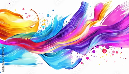 An abstract design of colorful brush strokes, ribbons, and swirls creating a dynamic background with waves and splashes, representing artistic creativity and fluidity