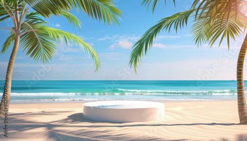 A sunny beach scene with a podium on the sand  framed by palm trees and the sea  ideal for showcasing summer cosmetics under a blue sky