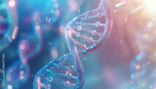 A scientific background featuring a DNA helix, symbolizing genetics and biotechnology research, set in a blue 3D environment with futuristic elements