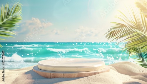 A beach-themed podium for summer product displays  set against a backdrop of the sea and sand  perfect for promotional or vacation-themed presentations