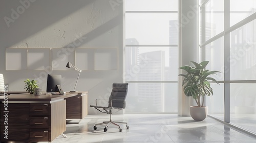 Minimalist and elegant depiction of modern office interior with large windows and diffused natural light creating tranquil ambiance  AI Generated hyper realistic 