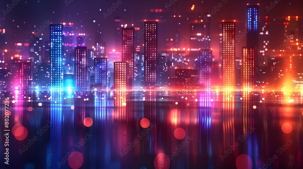 Neon-Lit Metropolis Reflected on Shimmering Waters:A Futuristic Cityscape at Night