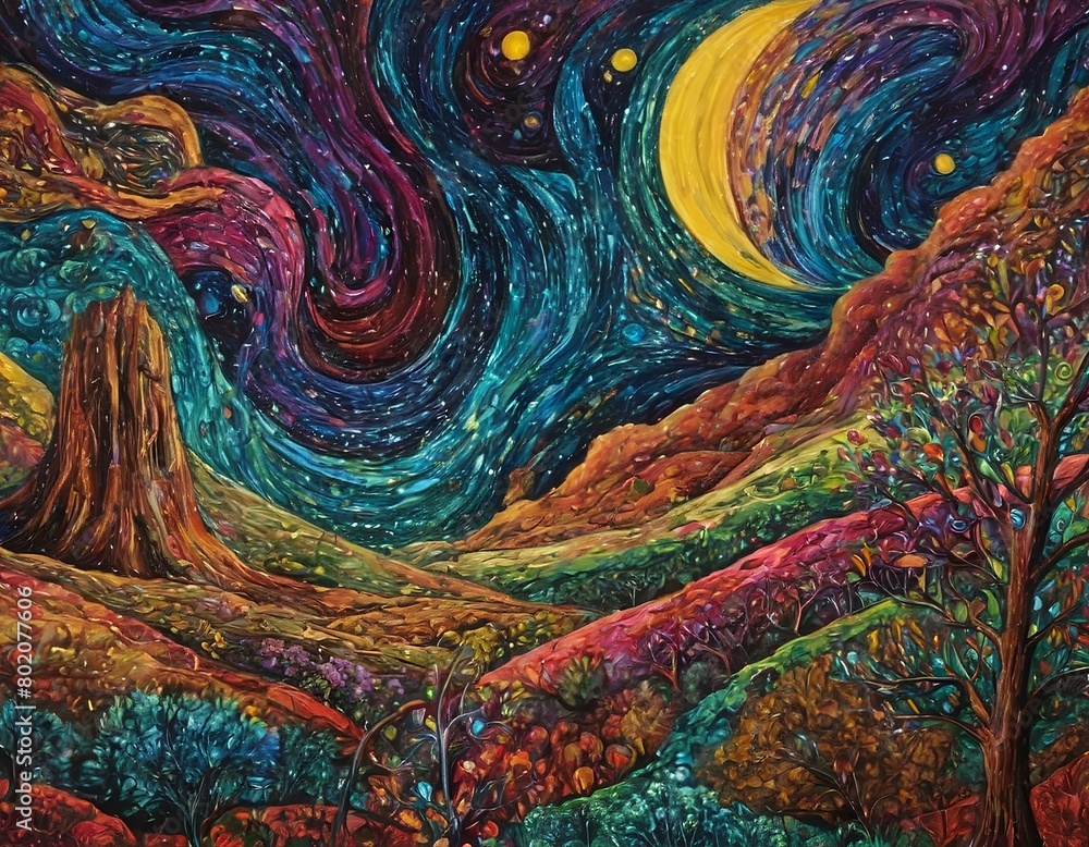 A painting of a mountain with a rainbow colored sky and stars generative ai
