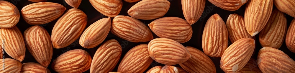 A bunch of brown almonds stacked together, Black backdrop. Wallpaper. Banner A bunch of brown almonds stacked together, Black backdrop. Wallpaper. Banner