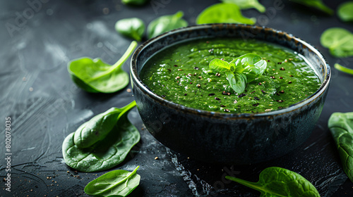 Bowl with tasty spinach soup on dark background 