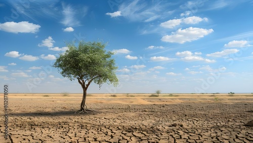Image of arid land tree illustrating impact of climate change . Concept Climate Change, Arid Land, Tree, Environmental Impact, Nature Conservation