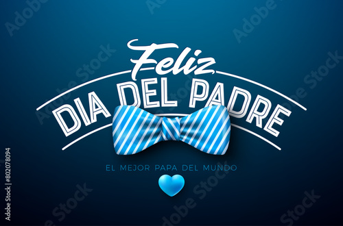 Happy Father's Day Greeting Card Design with Striped Bow Tie and Heart on Dark Blue Background. Feliz Dia del Padre Spanish Language Vector Illustration for Loved and Best Dad. Template for Banner